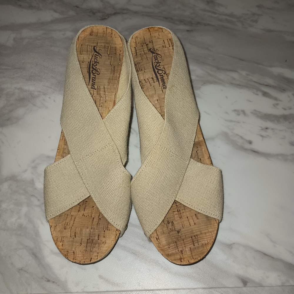 Lucky Brand Miller Tan Cross-Strap Cork Wedge Sandals 8.5 - Picture 3 of 8